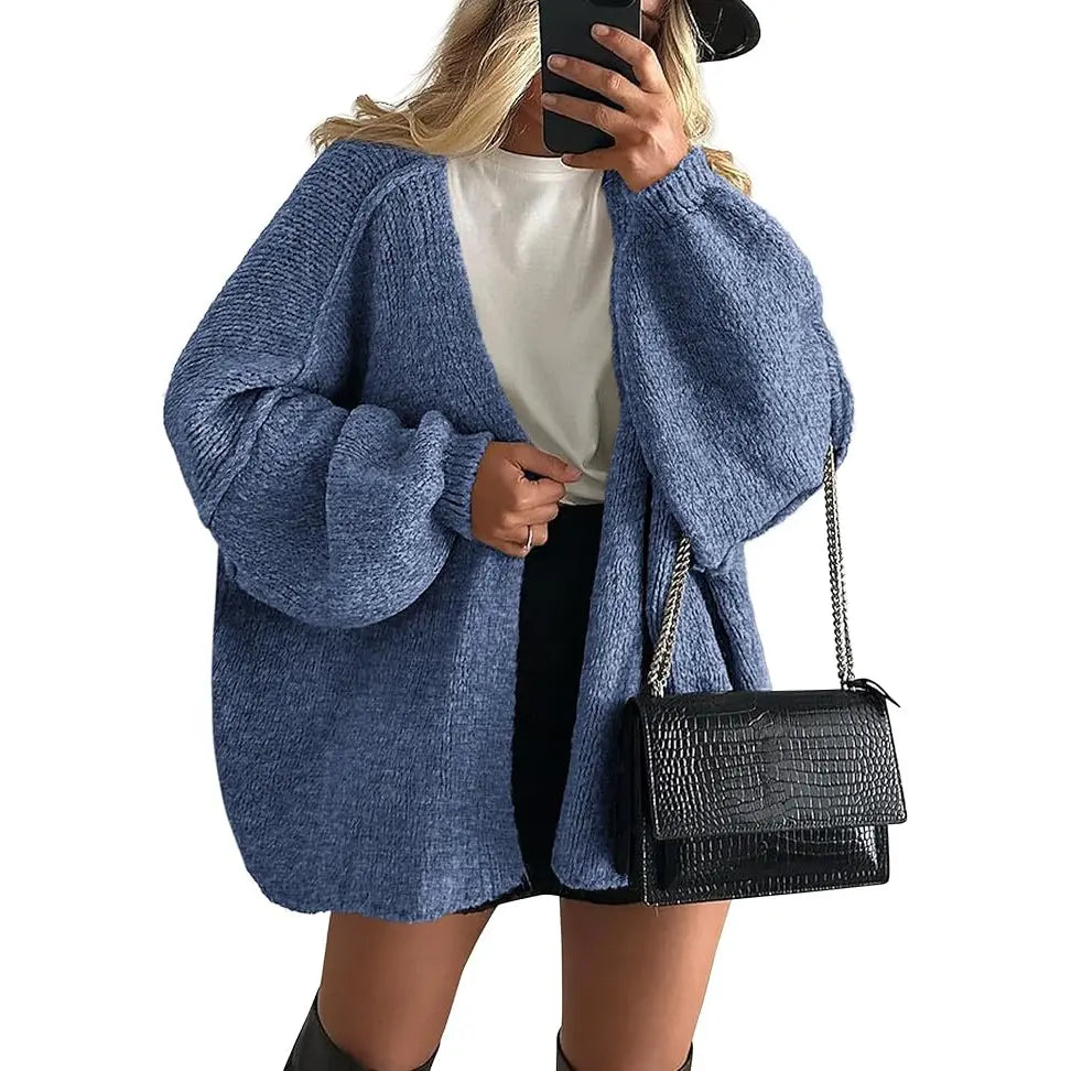 Women's Oversized Cardigan Sweater Fall Long Lantern Sleeve Knit Open Front Lightweight Sweater Knitwear Tops(Free shiping)