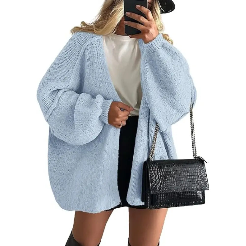 Women's Oversized Cardigan Sweater Fall Long Lantern Sleeve Knit Open Front Lightweight Sweater Knitwear Tops(Free shiping)