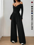 Women's Casual Knit Wide Leg Jumpsuit with Halter Neck - Solid Colors