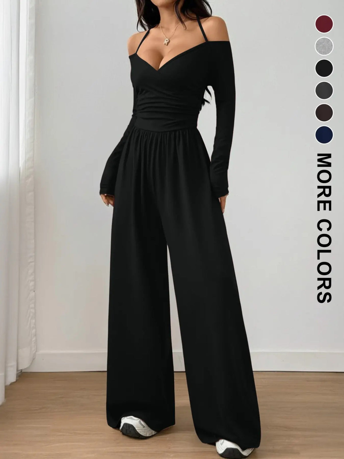 Women's Casual Knit Wide Leg Jumpsuit with Halter Neck - Solid Colors