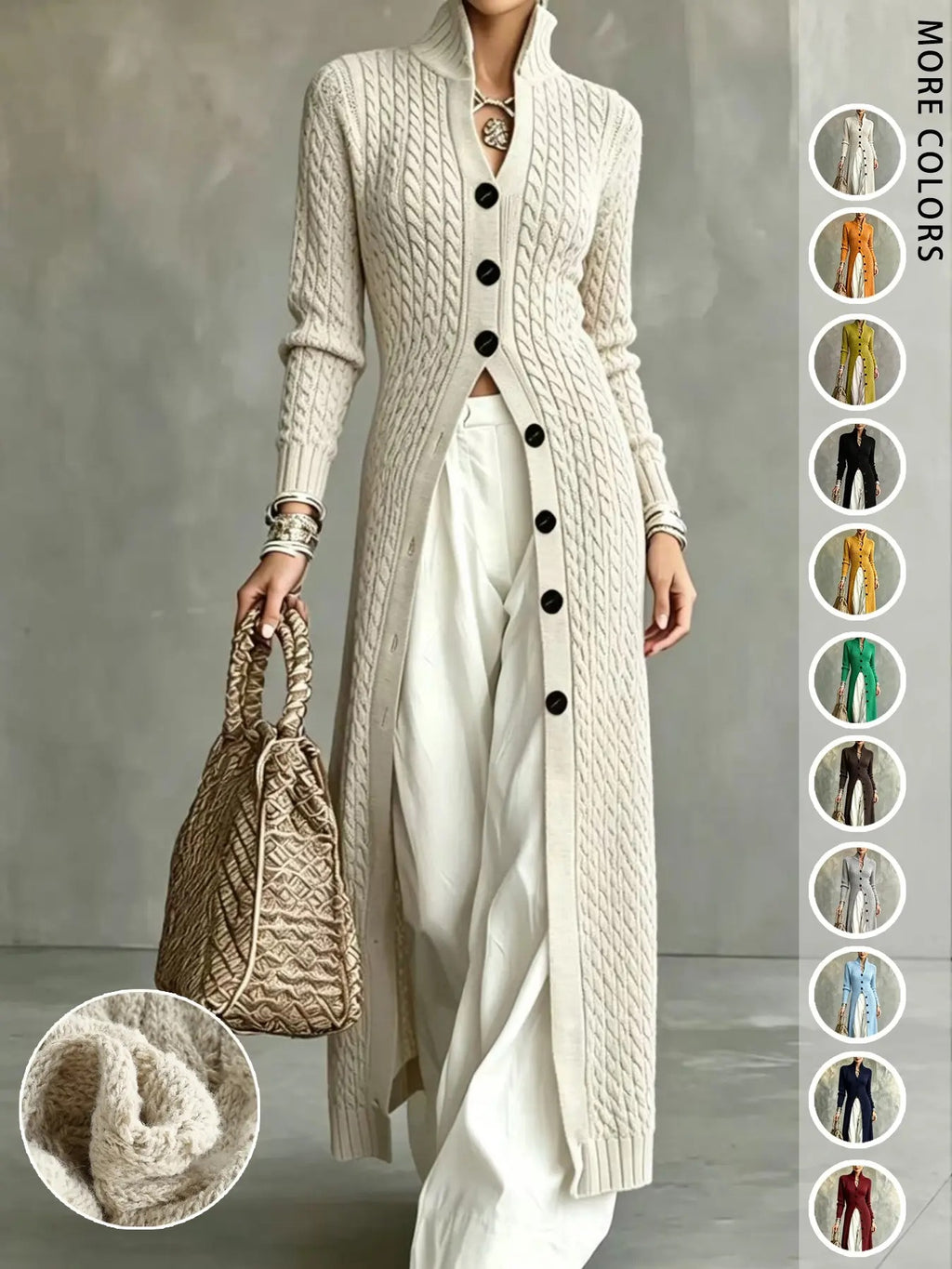 Women's Cable Knit Long Cardigan Slim Fit Acrylic Apricot Outerwear