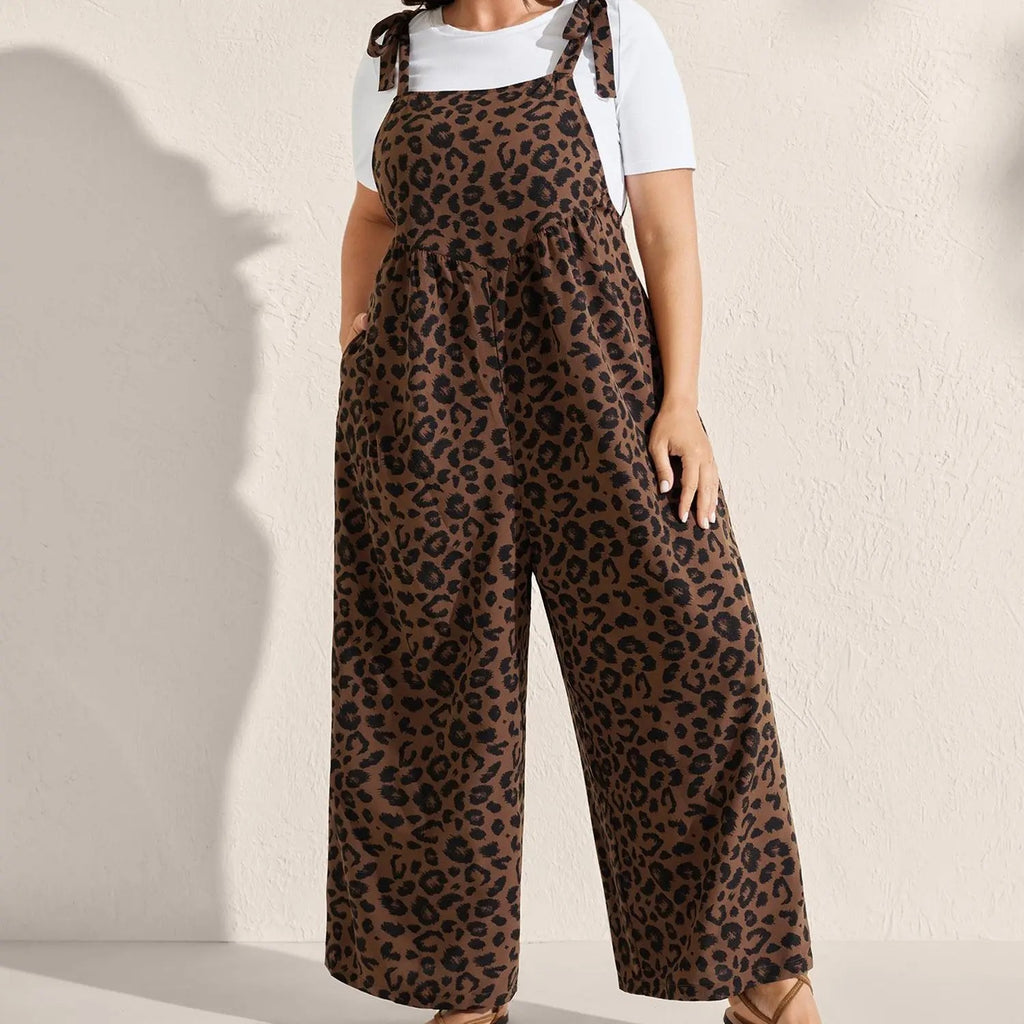 Plus Size Leopard Overalls, Sleeveless , Pockets