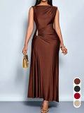 Champagne Asymmetric Metal Button Long Dress