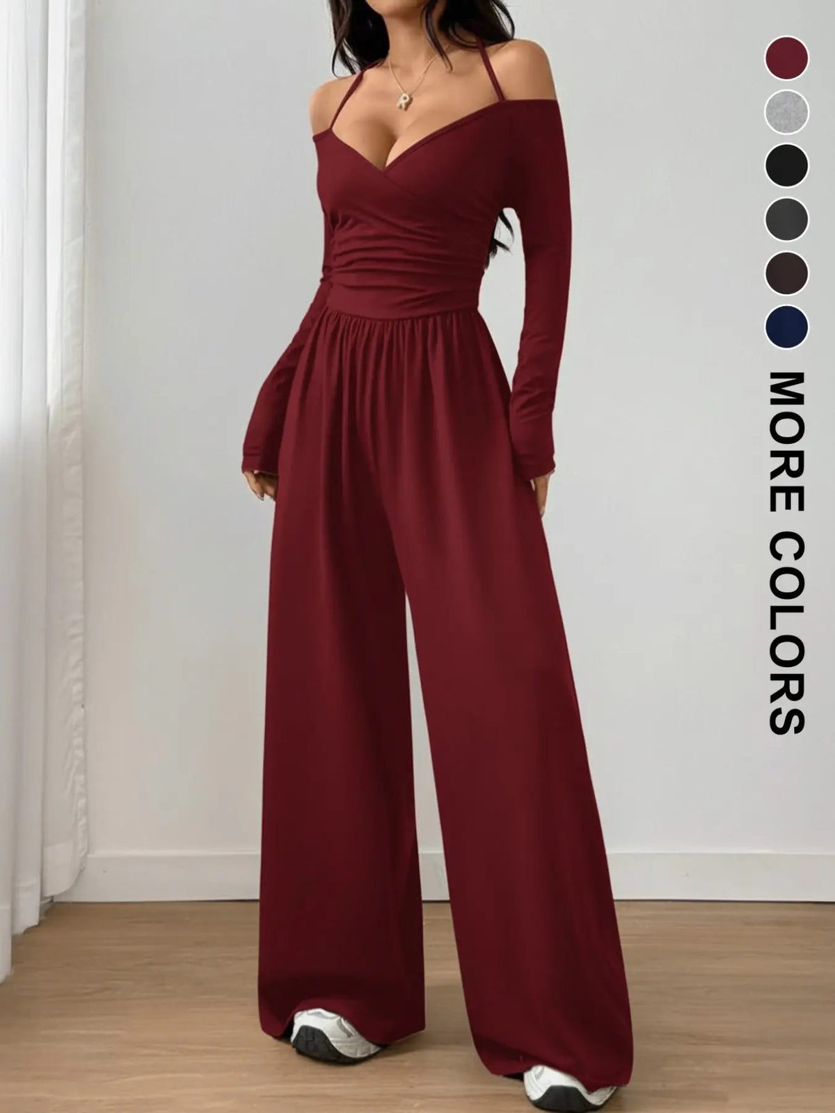 Women's Casual Knit Wide Leg Jumpsuit with Halter Neck - Solid Colors