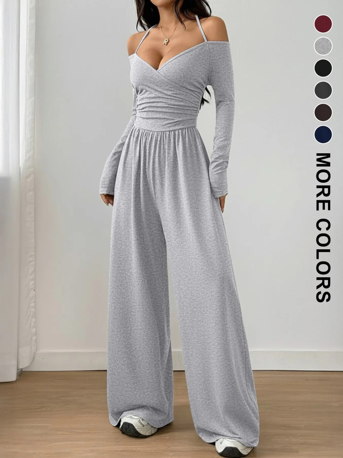 Women's Casual Knit Wide Leg Jumpsuit with Halter Neck - Solid Colors