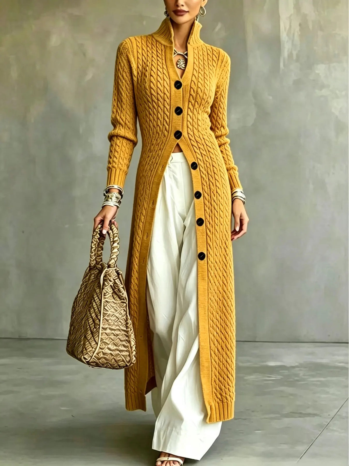 Cardigan long en tricot torsadé pour femme, coupe ajustée, acrylique, abricot, vêtement d'extérieur