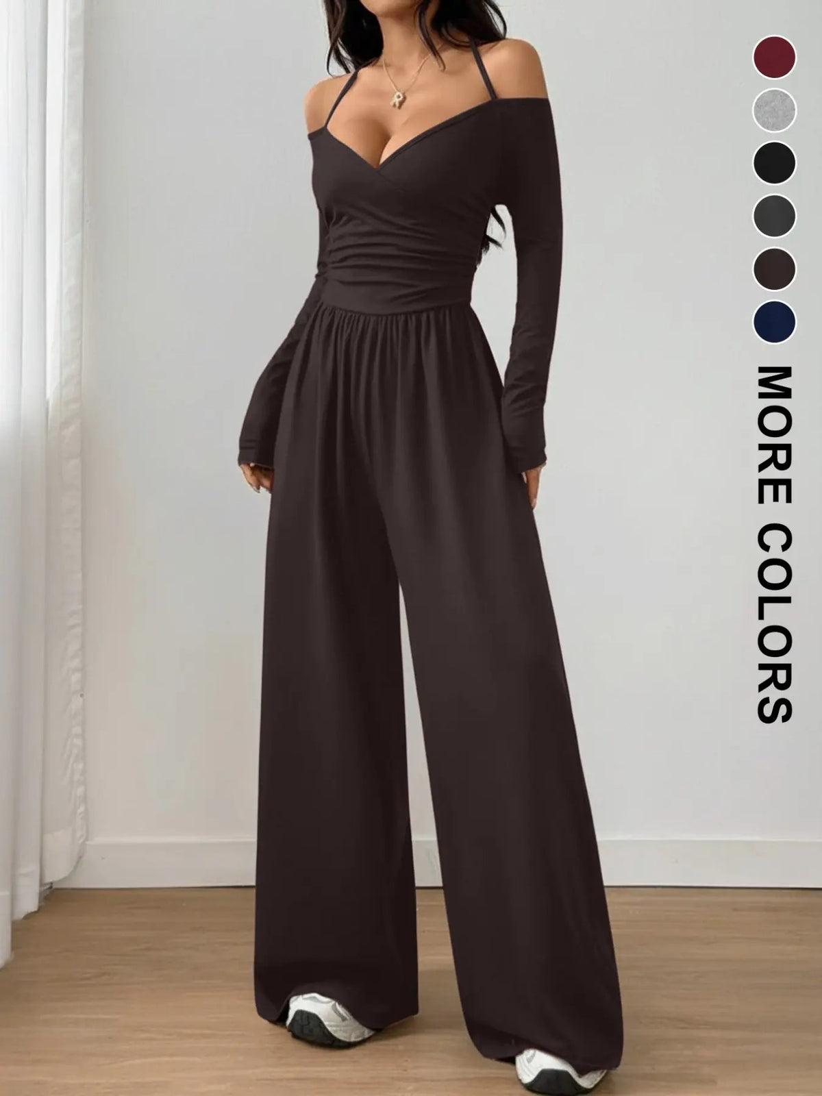 Women's Casual Knit Wide Leg Jumpsuit with Halter Neck - Solid Colors
