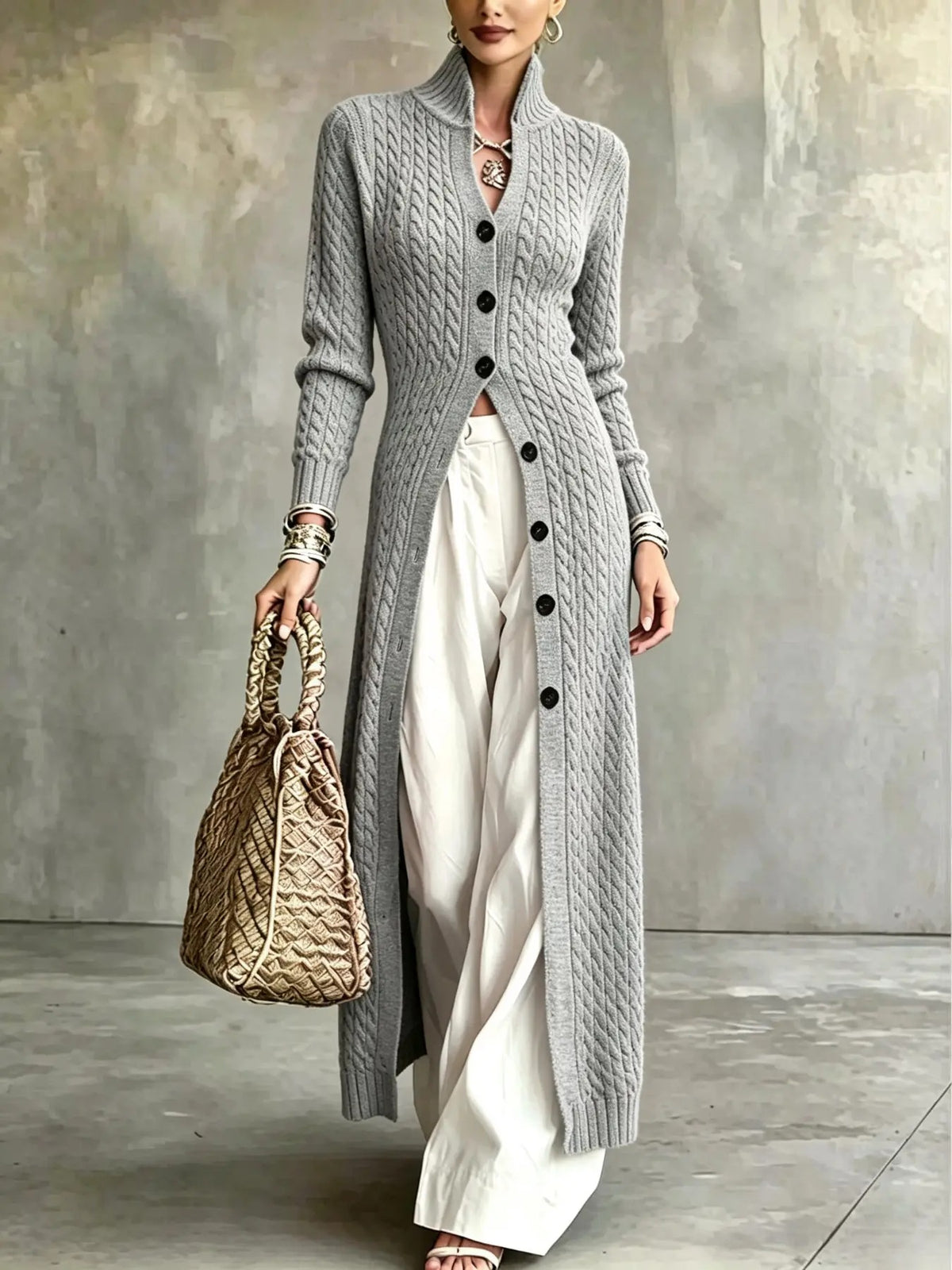 Cardigan long en tricot torsadé pour femme, coupe ajustée, acrylique, abricot, vêtement d'extérieur