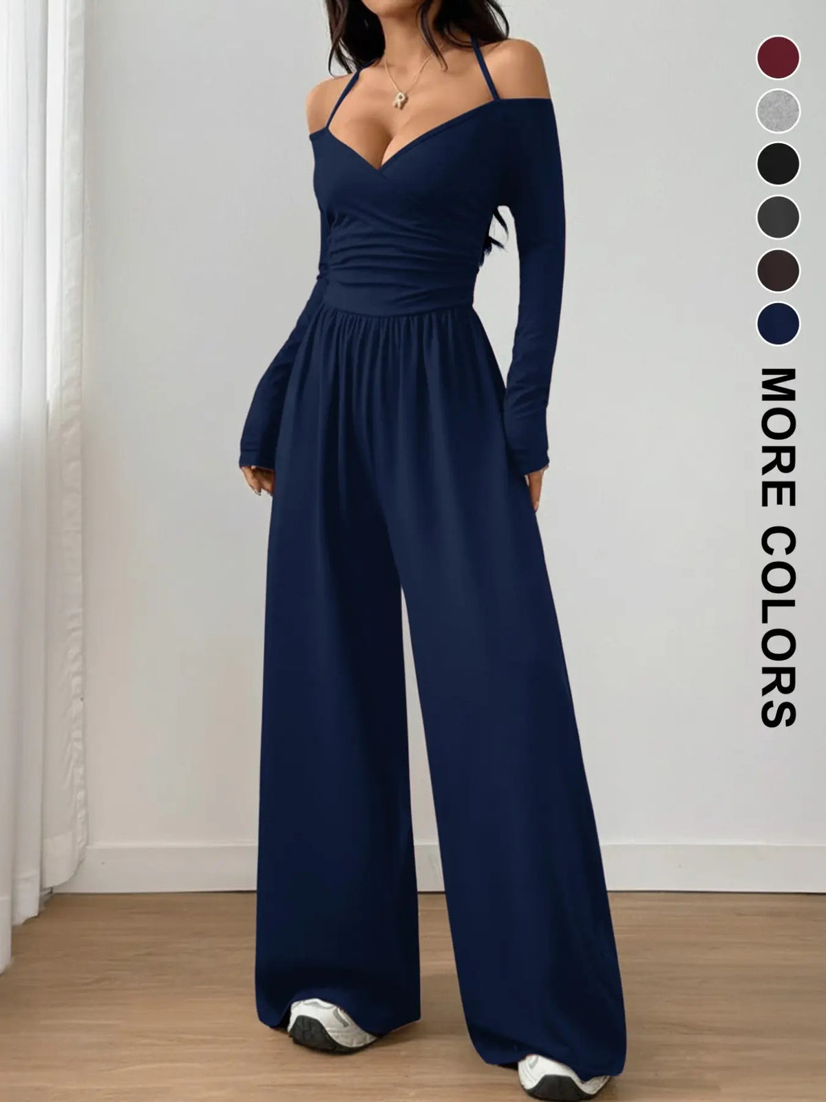 Women's Casual Knit Wide Leg Jumpsuit with Halter Neck - Solid Colors