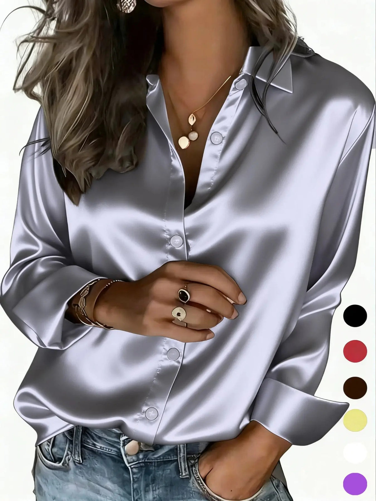 Chemisier boutonné en satin pour femme, blouse décontractée toutes saisons