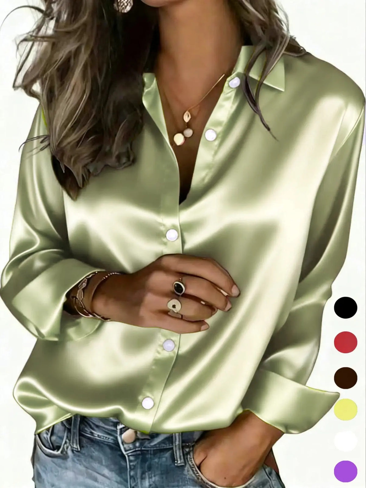 Chemisier boutonné en satin pour femme, blouse décontractée toutes saisons