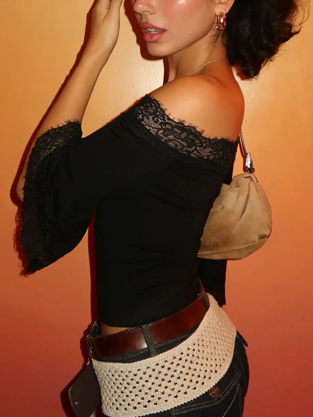 Lace Panel Off-Shoulder Flare Sleeve Black Top