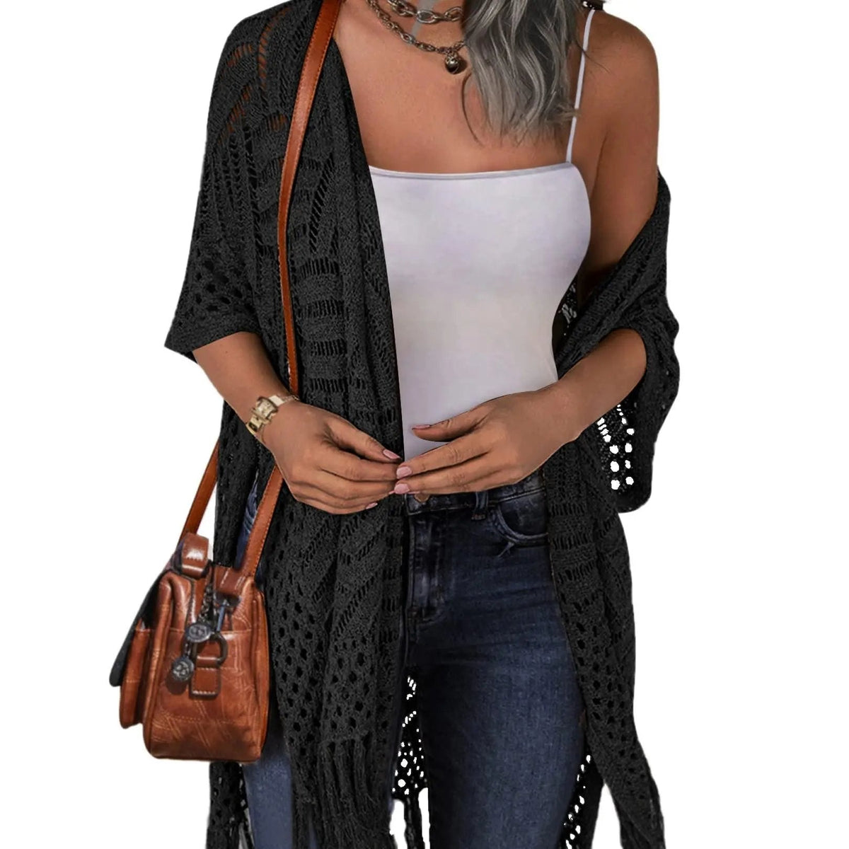 Women’s Oversized Knit Cardigan – Lightweight Crochet Tassel Kimono for Spring & Summer 🌸