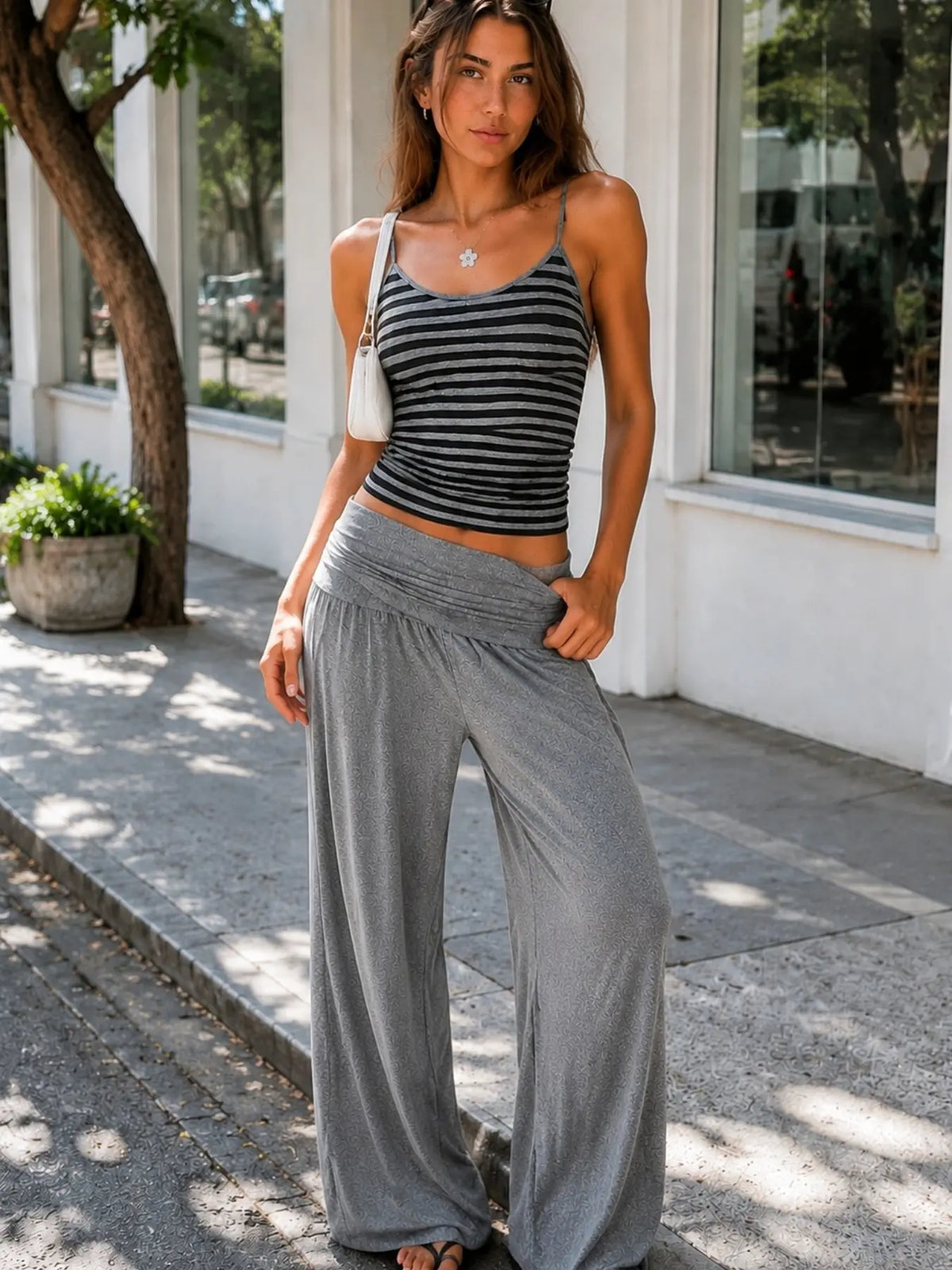 Women's Striped Sleeveless Cami Top and Wide Leg Pants Set