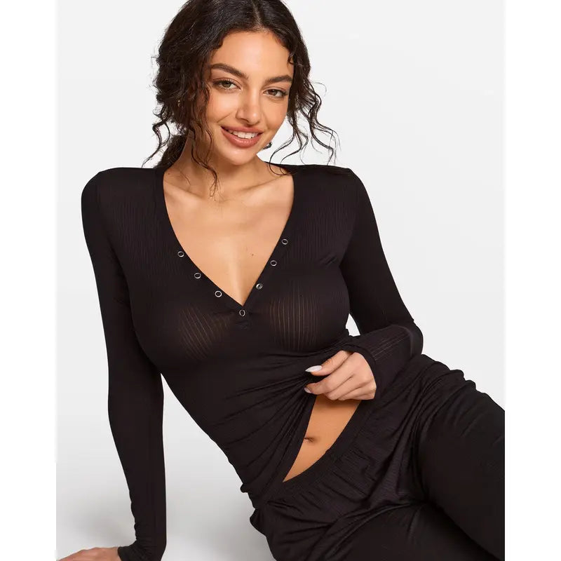Modal Ribbed Henley Long Sleeve Shirt for Women