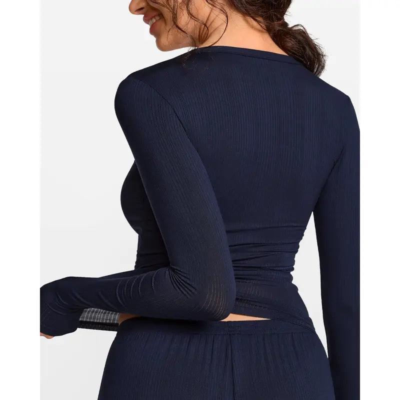 Modal Ribbed Henley Long Sleeve Shirt for Women
