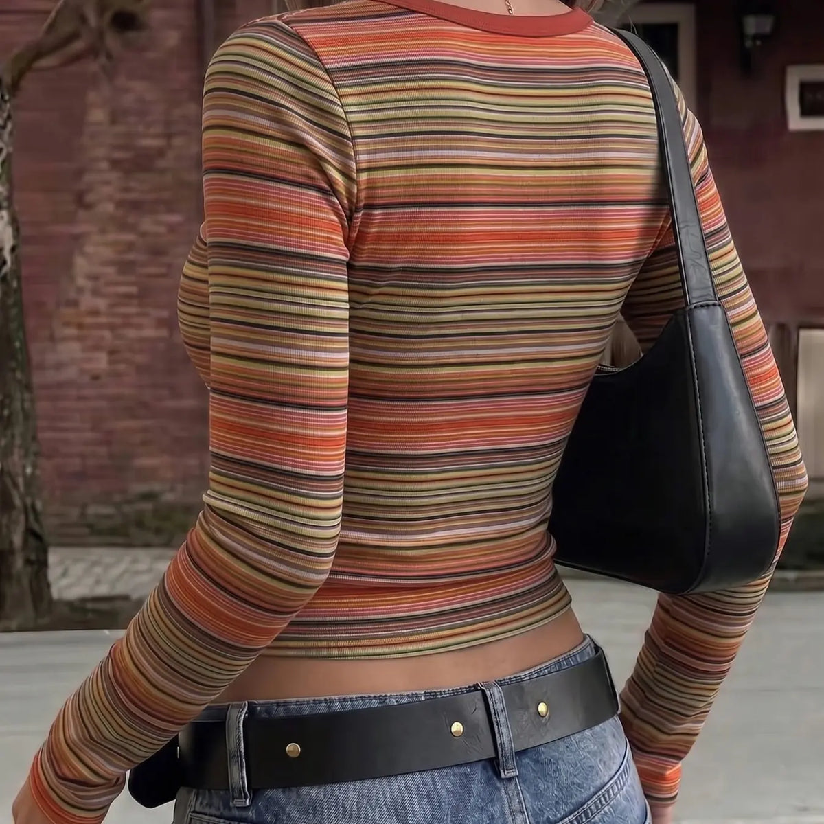 American Vintage Striped Square Neck Slim Fit Long Sleeve Top