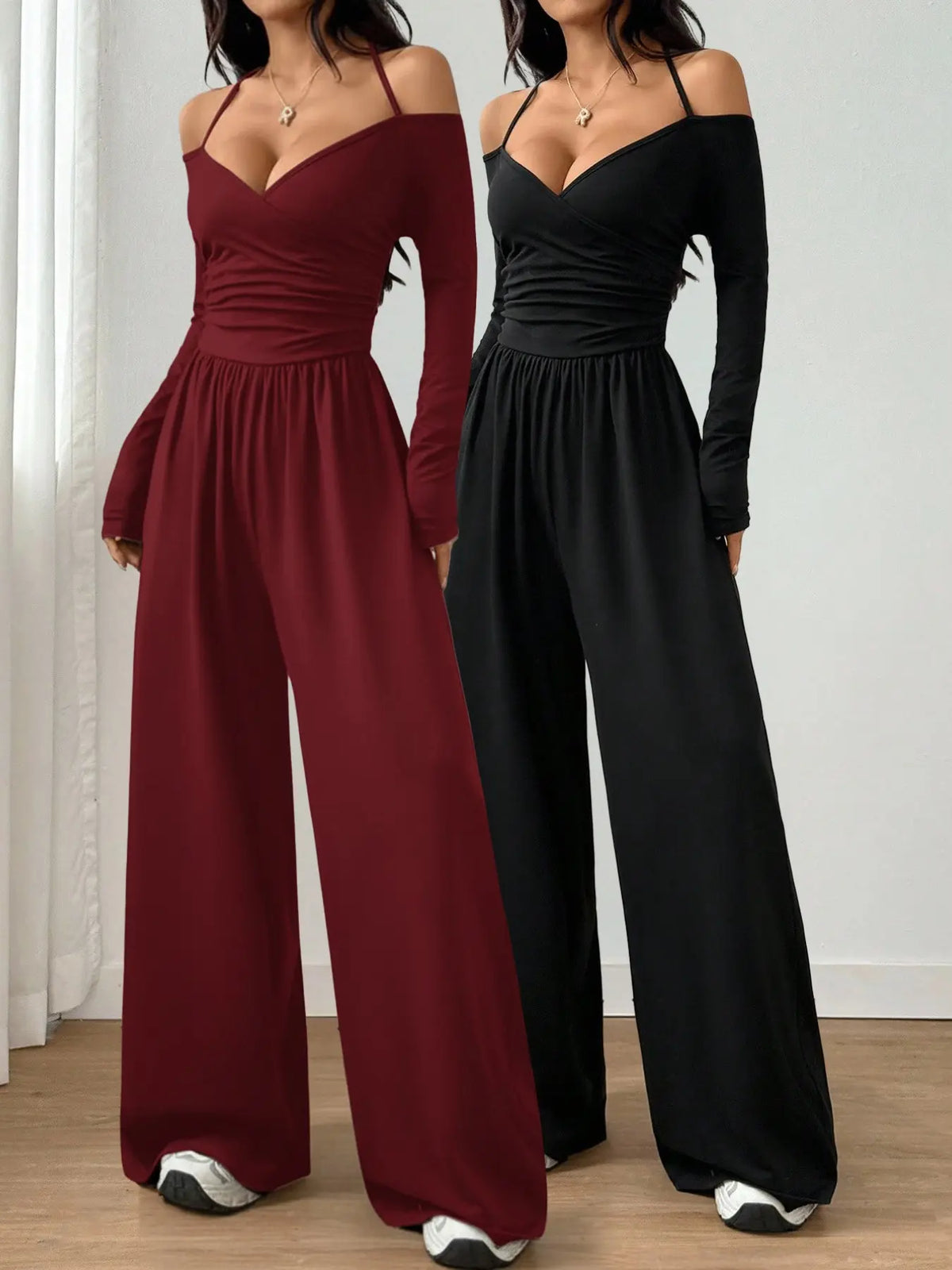 Women's Casual Knit Wide Leg Jumpsuit with Halter Neck - Solid Colors