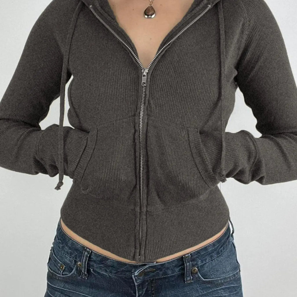 Women's Ribbed Knit Zip Up Hoodie with Pockets
