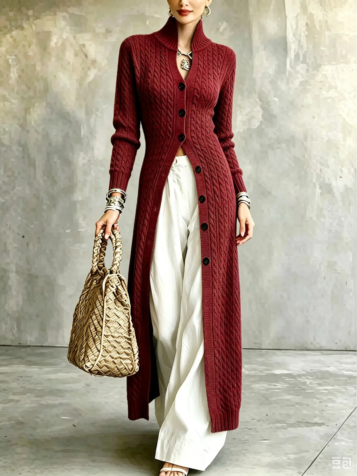 Women's Cable Knit Long Cardigan Slim Fit Acrylic Apricot Outerwear
