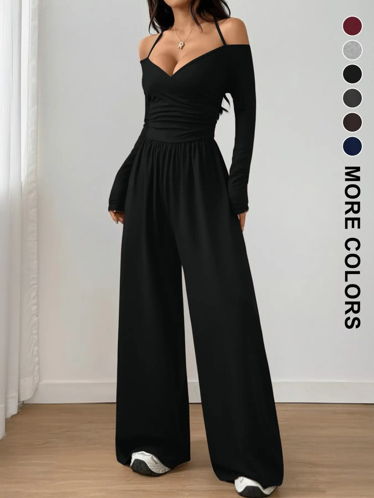 Women's Casual Knit Wide Leg Jumpsuit with Halter Neck - Solid Colors