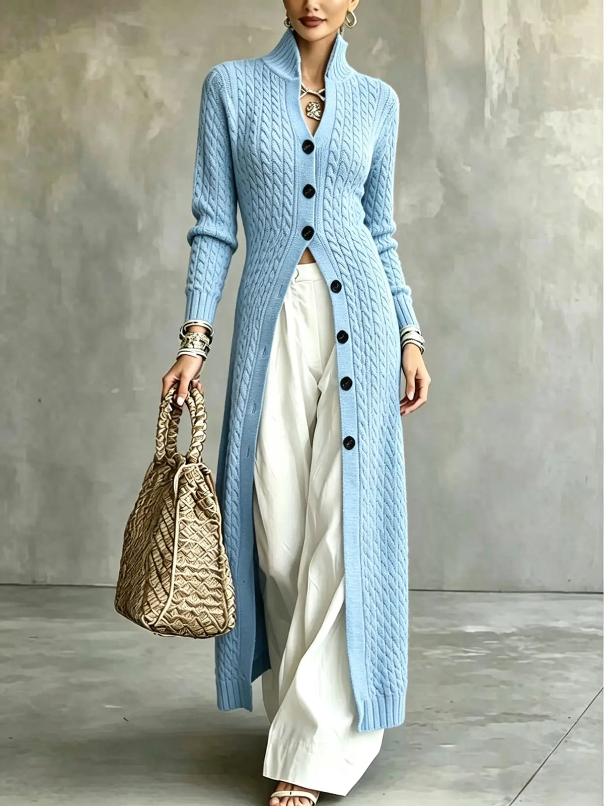 Women's Cable Knit Long Cardigan Slim Fit Acrylic Apricot Outerwear