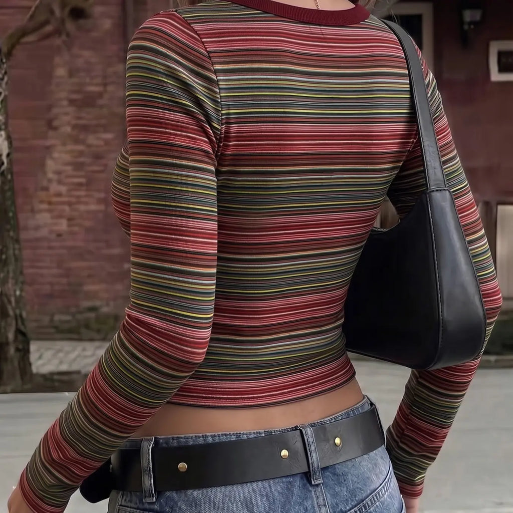 American Vintage Striped Square Neck Slim Fit Long Sleeve Top