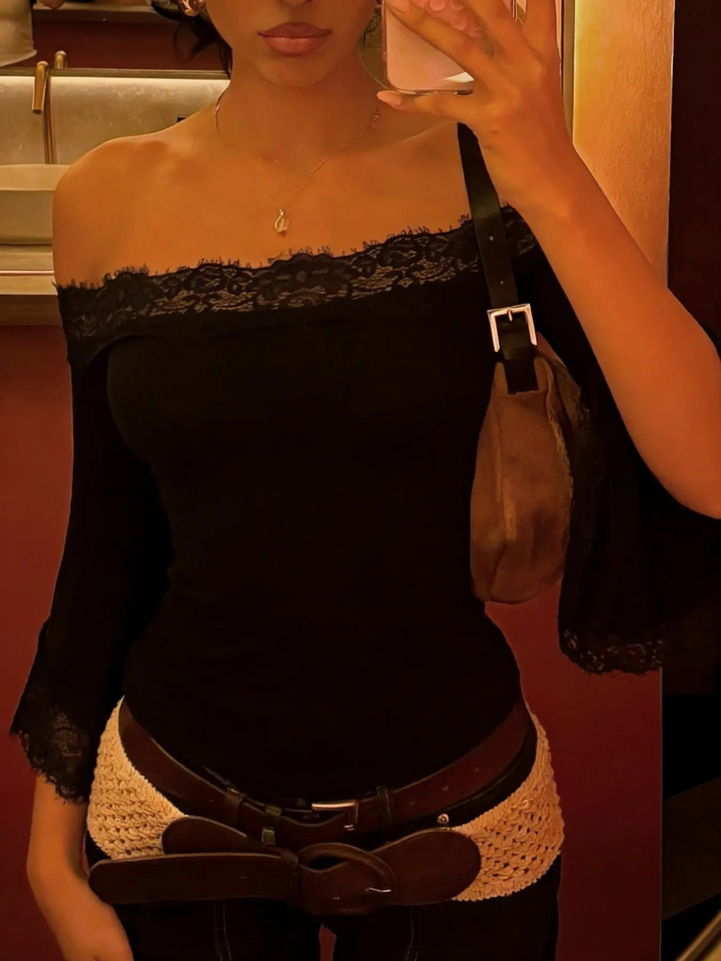 Lace Panel Off-Shoulder Flare Sleeve Black Top