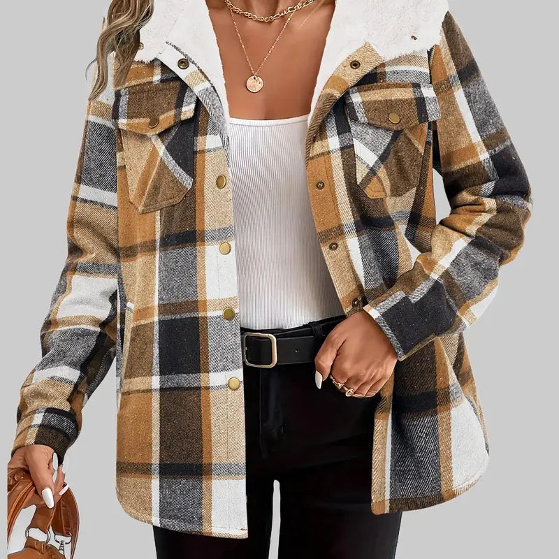 Women's Plaid Sherpa Shacket Jacket Hooded Fleece