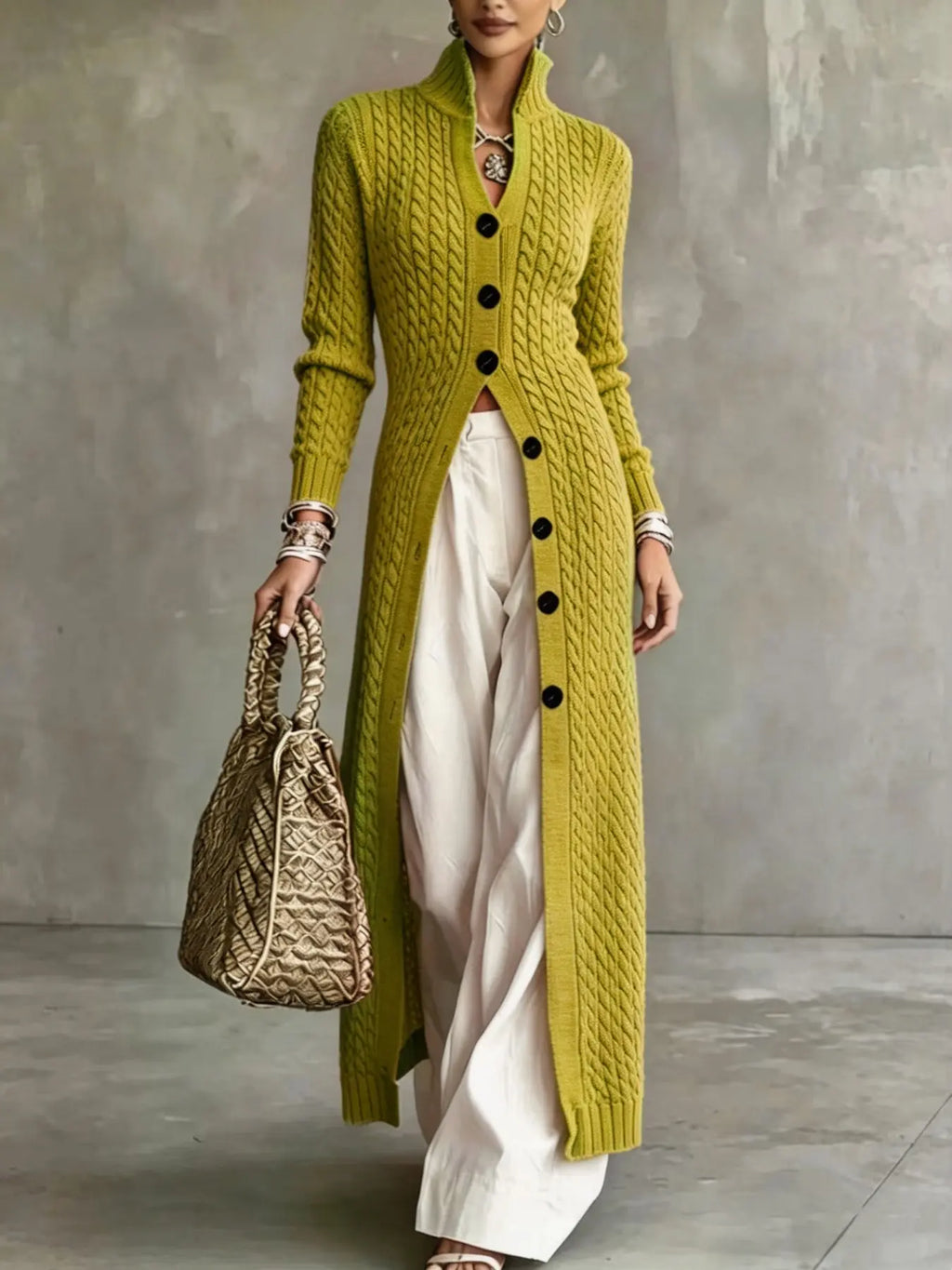 Women's Cable Knit Long Cardigan Slim Fit Acrylic Apricot Outerwear