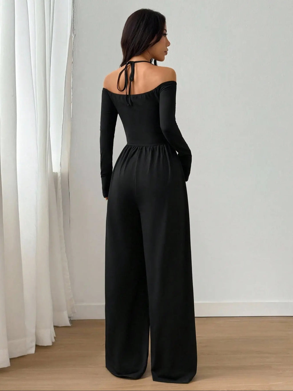 Women's Casual Knit Wide Leg Jumpsuit with Halter Neck - Solid Colors