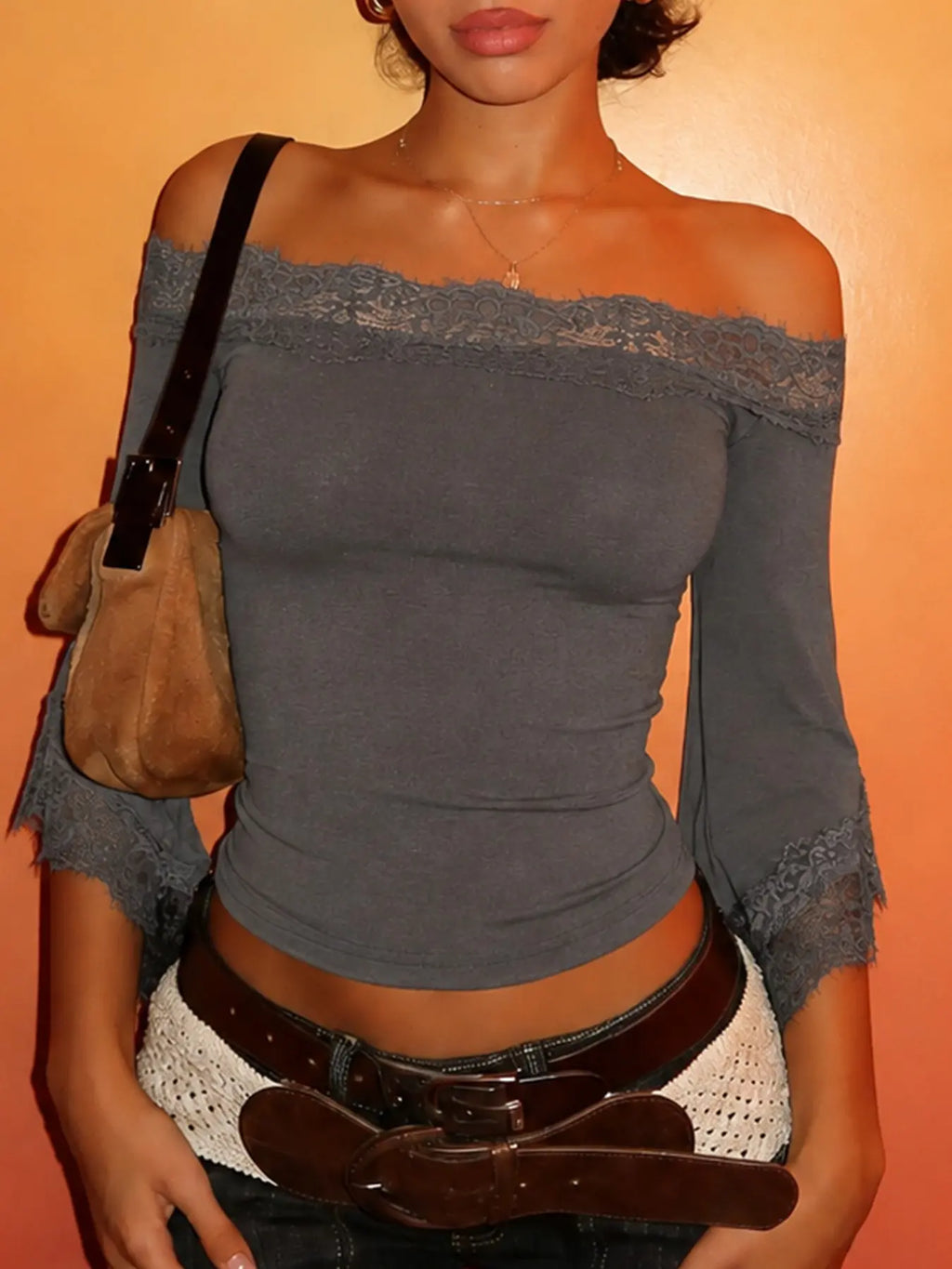 Lace Panel Off-Shoulder Flare Sleeve Black Top