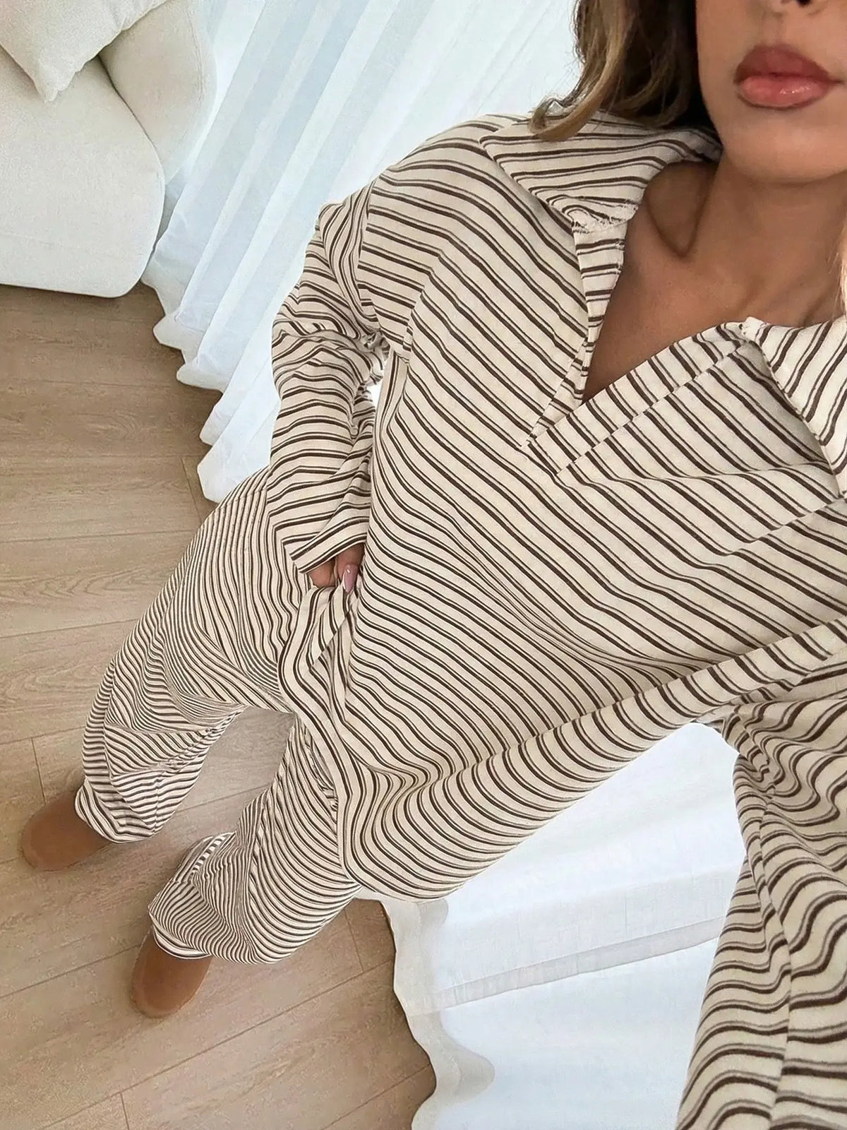 Women's 2-Piece Striped V-Neck Lounge Set