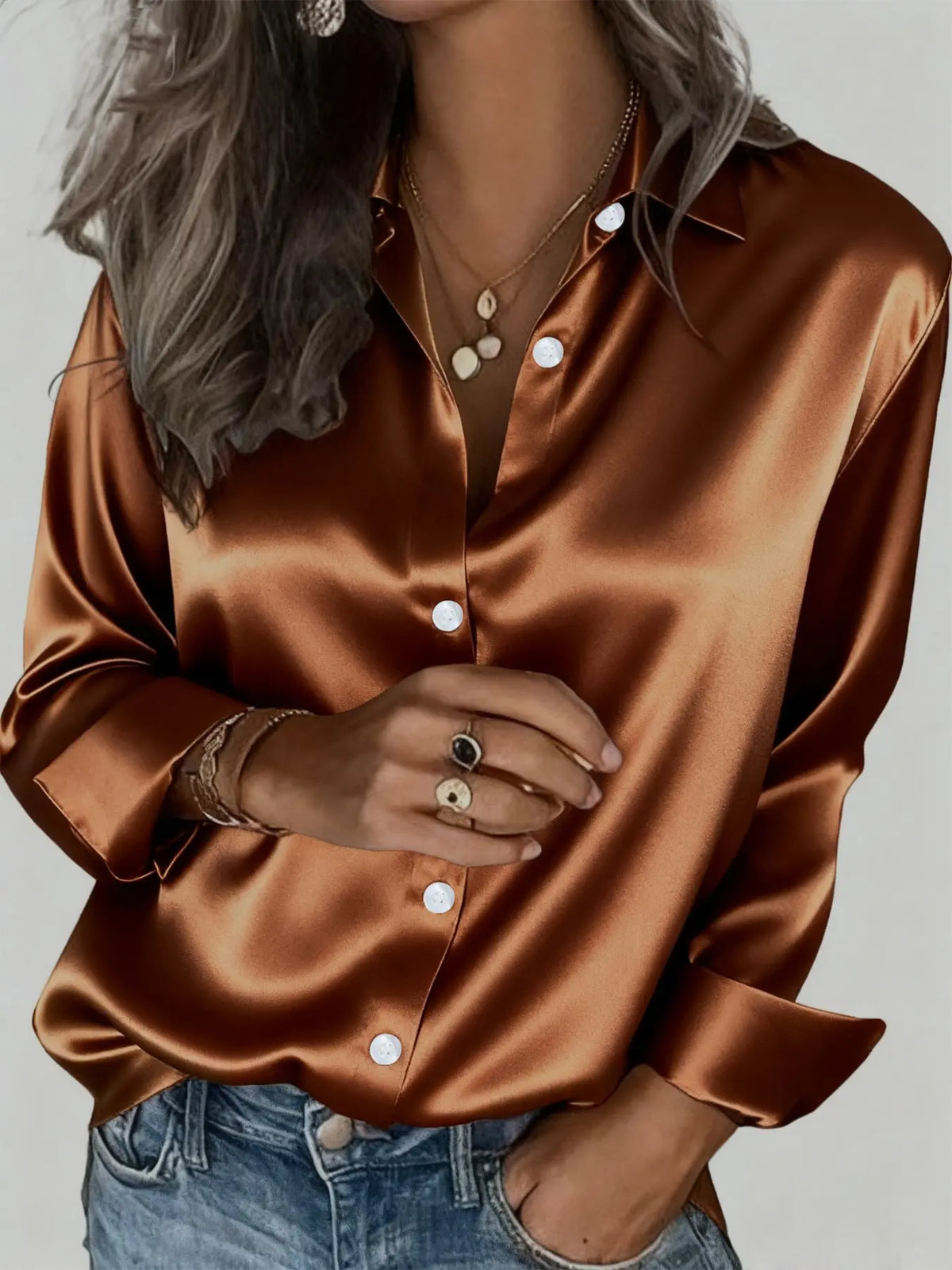 Women's Satin Button-Down Shirt All Seasons Casual Blouse