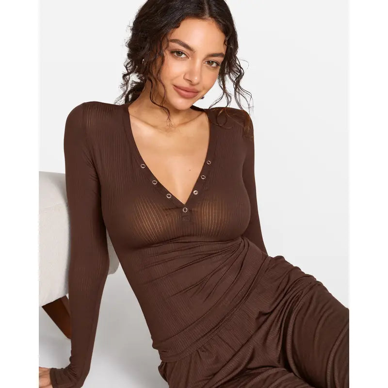 Modal Ribbed Henley Long Sleeve Shirt for Women