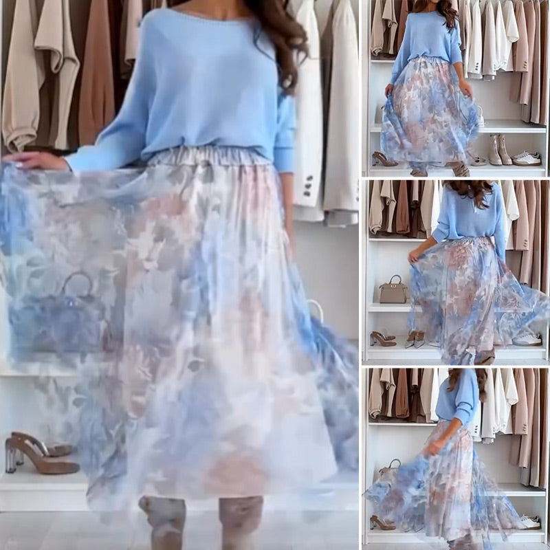 Jodie Tulle Floral Print Elastic Waist A-line Midi Skirt