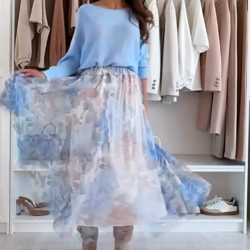 Jodie Tulle Floral Print Elastic Waist A-line Midi Skirt