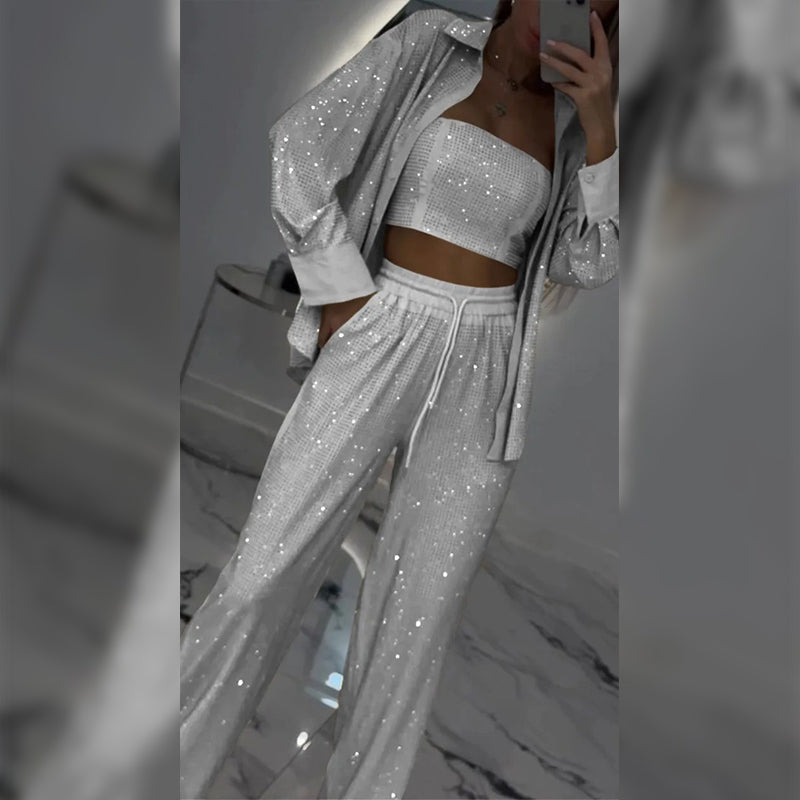 💕2025 HOT 40% OFF SALE 👠Must-Have for Shiny Partiest✨ Dazzling Blazer & Wide-Leg Pants, Stylish and Grand, Perfect for Parties! (3-piece set)