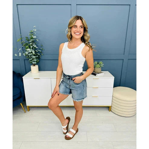 💖LAST DAY SALE 50% OFF🩳High Rise Frayed Hem Cut Off Jean Shorts