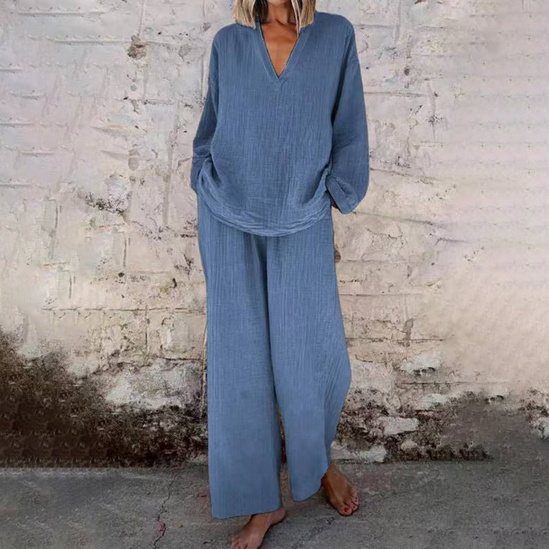 📢📢Limited Spring Edition⏰💡Designed in the USA💡Casual Solid Color V-Neck Long Sleeve Top & Wide-Leg Pants Set