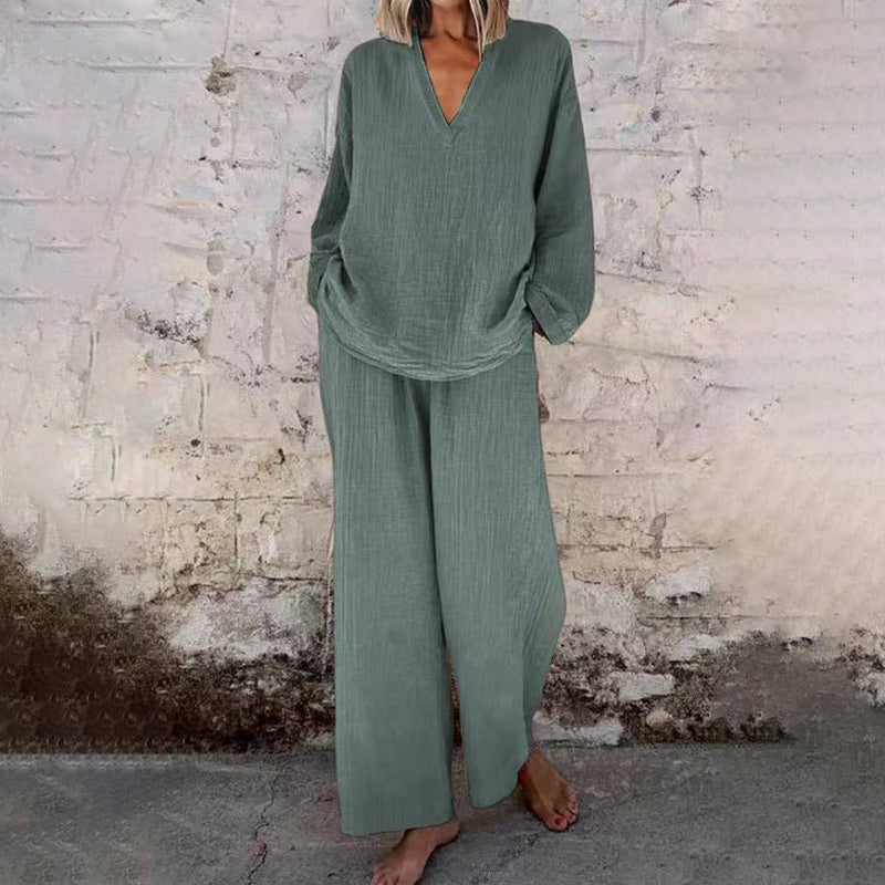 📢📢Limited Spring Edition⏰💡Designed in the USA💡Casual Solid Color V-Neck Long Sleeve Top & Wide-Leg Pants Set